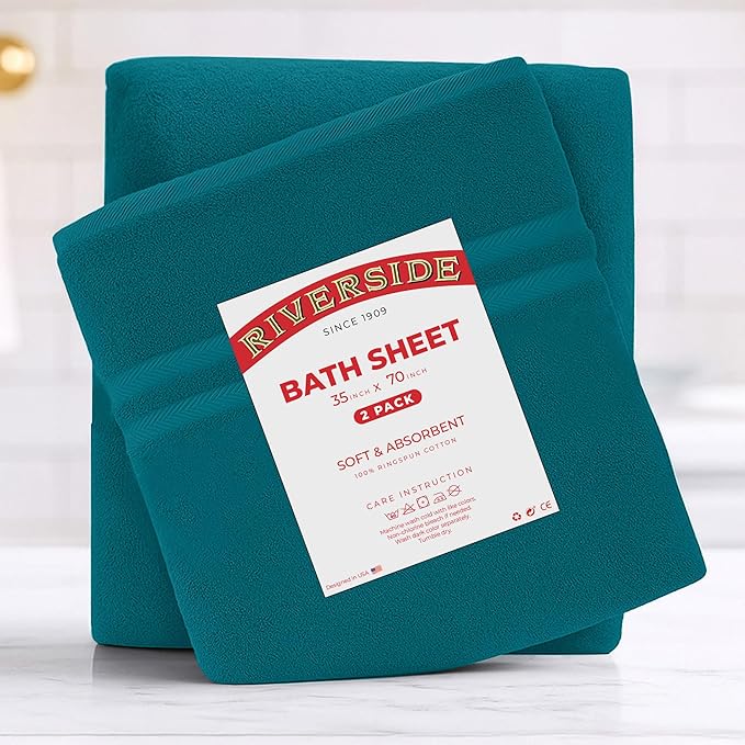 RIVERSIDE Pack of 2 Extra Large Bath Sheets 35 x 70 Inches - 100% Ring Spun Cotton Hotel Quality Oversized Bath Towels - Super Soft, Highly Absorbent & Quicker to Dry - Teal