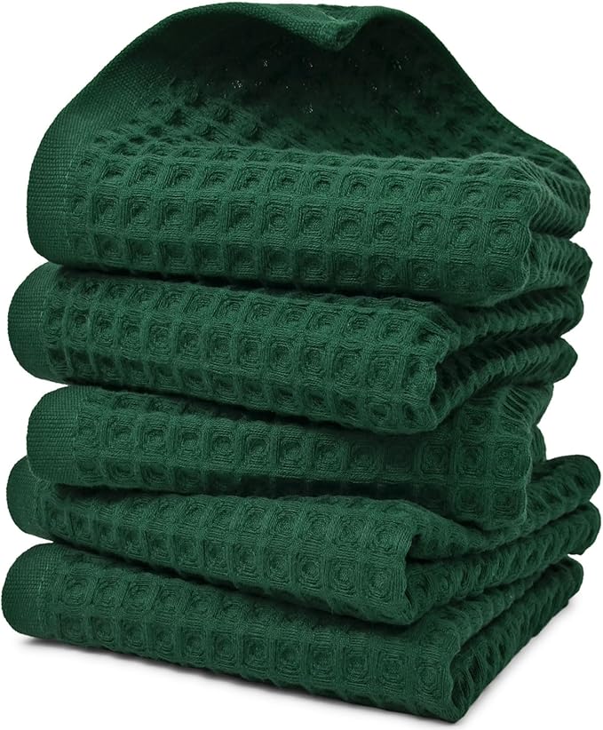 Jacquotha Waffle Hand Towels Set of 5 (Hunter-Green) – Cotton, Quick Dry, Lint Free, 13” x 29”, Christmas Bathroom Decor & Kitchen Towels