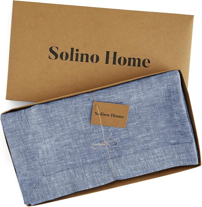 Solino Home Linen Tablecloth 60 x 90 Inch - 100% Pure Linen Chambray Indigo Table Cloth for Rectangle Tables - Athena, Machine Washable Tablecloth for Christmas, New Year