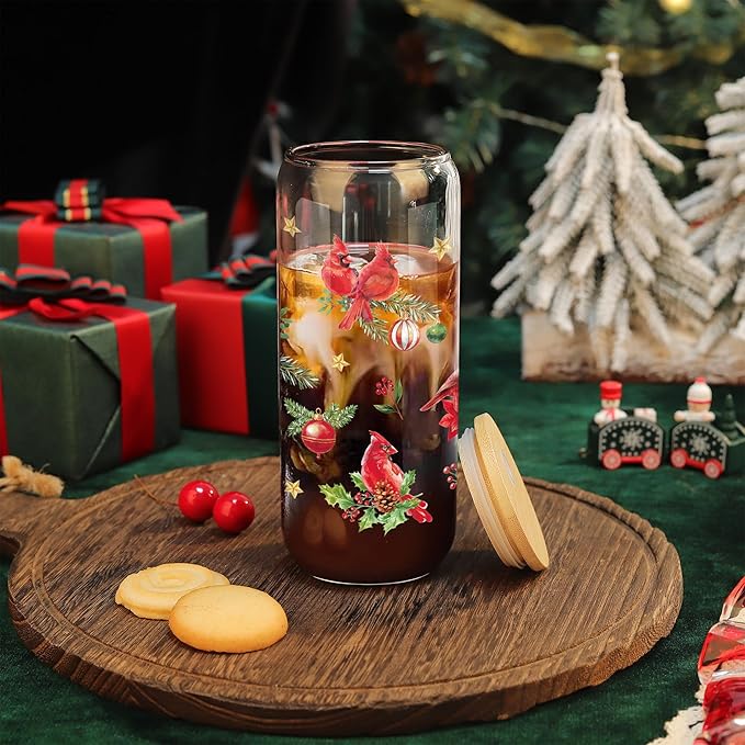 Joeyan Christmas Glass Cups with Lids and Straws,20 oz Iced Coffee Tumbler with Red Cardinals Birds Patterns,Cute Can Shaped Beer Drinking Glasses,Holiday Gifts for Women Mom Friend