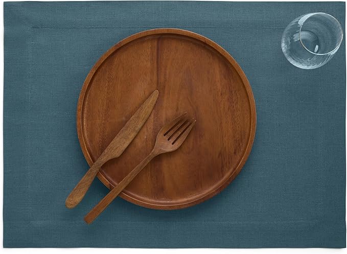 Solino Home Linen Cloth Placemats Set of 4 - 100% Pure Linen Peacock Blue Placemats 14 x 19 Inch for Winter - Fete