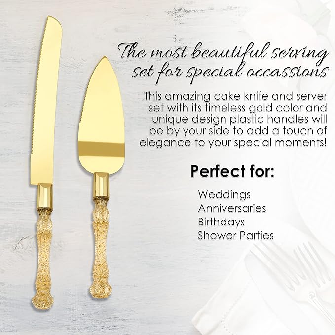 Wedding Cake Knife and Server Set, Cake Cutter and Pie Spatula, Cake Server and Knife Set of 2 with Plastic Handles, Titanium Gold Plated Blades, Cutting Set for Birthdays, and Parties (Glitter Gold)