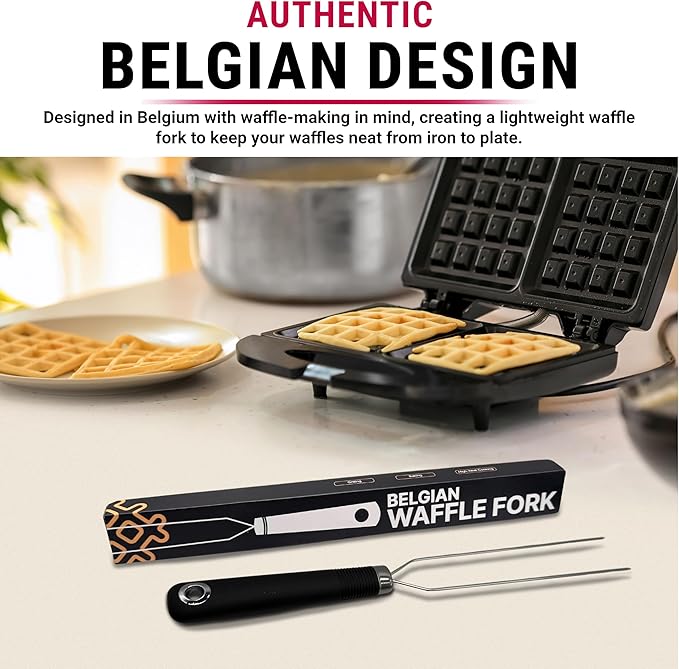 Waffle Fork for Belgian Waffles, Mulit-Use Stainless Steel Kitchen Tool with Silicone Handle, Beveled Prongs, Belgian Baking Accessory - One Size Black