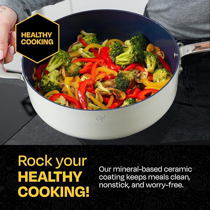 Guy Fieri's Flavortown 15-Piece Ceramic Cookware Set, Nonstick Pots and Pans for Cooking, Easy-Clean Kitchen Cookware, Made without PFAS PTFE PFOA, Induction Compatible, Dishwasher Safe, Blue & White