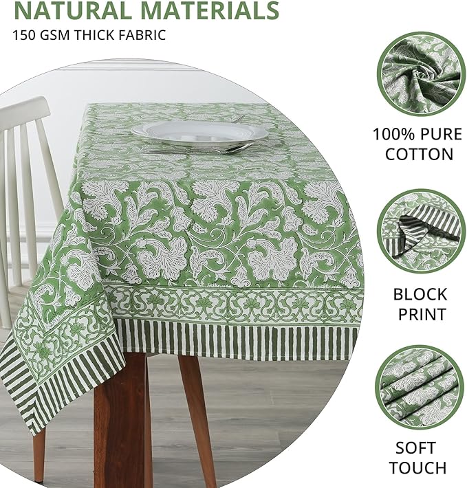 Ridhi Sage Green Hand Block Print Cotton Rectangle Tablecloth 108" x 60" inches Reusable Table Cover Decorative Everyday Use for Dining, Farmhouse, Home, Party, Festive, Wedding, Fall