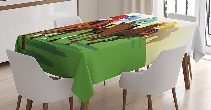 Ambesonne Horse Tablecloth, Vibrant Colorful Competitive Scene with Jockeys Racing Horses Equine Retro Artwork, Rectangular Table Cover for Dining Room Kitchen Decor, 60" X 84", Green Brown