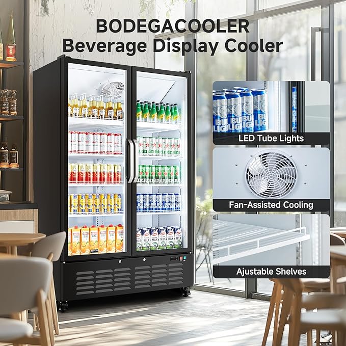 BODEGACOOLER Commercial Merchandiser Refrigerator, 36.8 Cu.Ft Upright Display Beverage Cooler, 2 Glass Door Display Refrigerator with Soft LED Light, Adjustable Shelves, 4 Strong Castors(Black)
