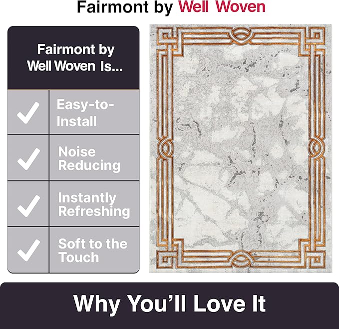 Well Woven Fairmont Collection Huntington Grey Gold & Ivory Marble Border Elegant & Soft 2x3 Mat Rug Perfect for Entryway & Bedroom Durable Stain Resistant & Easy to Clean