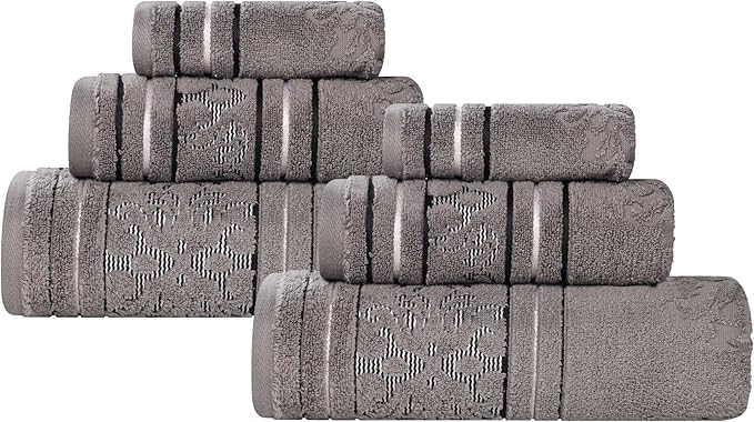 Superior Cotton 6 Piece Towel Set, 2 Bath, 2 Hand, 2 Washcloth/Face Towels, Quick Dry, Home Essentials, Shower, Spa, Luxury Plush Soft Absorbent Towels, Zero-Twist, Jacquard Floral, Charcoal