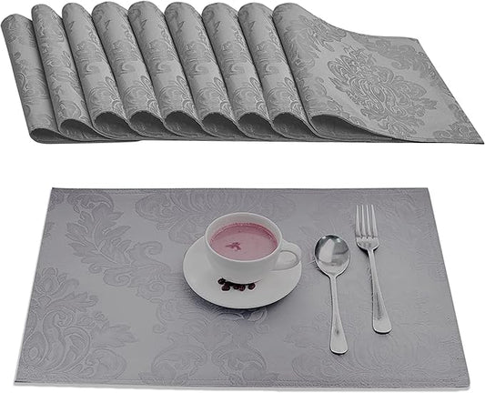 Place Mats Set of 8 – Rectangle Rectangular Waterproof Fabric Polyester Cloth Washable Wipeable Heat Resistant Placemats for Kitchen Dining Dinner Table Indoor 13 X 19 Inch Grey