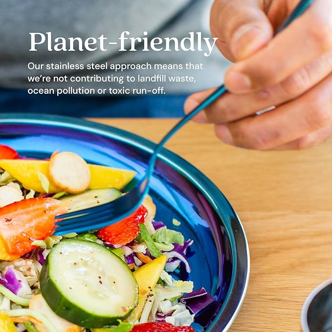 Ahimsa Stainless Steel Kids Utensils, 8 Pieces Kids Fork and Spoon Set, Pediatrician Designed Toddler Utensils, 100% BPA Free & Dishwasher Safe (Iridescent Blue)