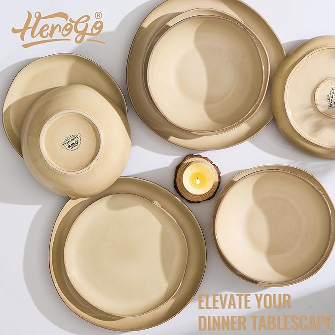 Herogo 12pcs Stoneware Dinnerware Sets for 4, Irregular Handmade Dinner Plates and Bowls, Kitchen Dining Dish Dishware Set, Microwave & Dishwasher Safe, Cream Khaki