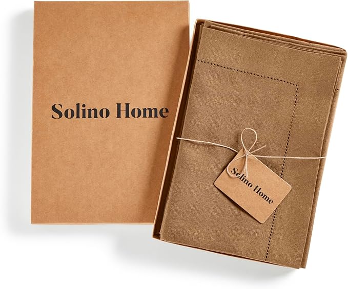 Solino Home Linen Cloth Napkins Set of 4-100% Pure Linen Tobacco Brown Dinner Napkins 20 x 20 Inch - Medium Weight Hemstitch, Handcrafted and Machine Washable