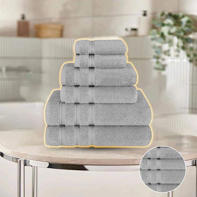 6-Piece 600 GSM Turkish Cotton Towel Set – Luxury Soft & Absorbent Bath Towels, Hand Towels & Washcloths – Premium Bathroom Essentials for Home, Guest Bath & Apartments