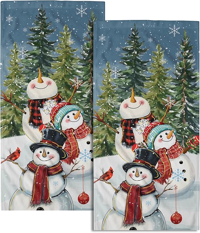 Imiss Snowman Hand Towels for Bathroom 2pc Set Winter Snowflake Pine Tree Forest Bath Guest Towel Funny Fingertip Decorative Towel for Xmas Seasonal Kitchen Gym Spa