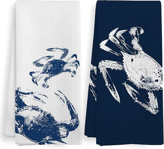 Coastal Crab Beach Decor Dish Hand Tea Towels for Bathroom Kitchen, Blue Crab Ocean Nautical Beachy Bathroom Decor, Coastal Nautical Kitchen Towels and Dishcloths Sets of 2, 16x24 Inches