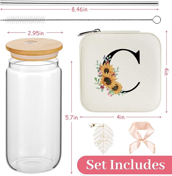 AYGXU Bridesmaid Gifts for Wedding Day,Bridesmaid Proposal Gifts,galentines day gifts,Drinking glass with Bamboo Lids and Straw,Jewelry Organizer,Travel Essentials Small Jewelry Box,Initial C white