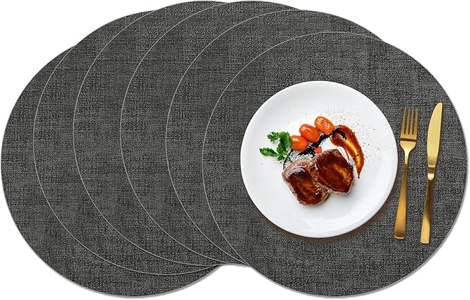 Maxpearl Round Placemats Set of 6, 13.8 inch Faux Leather Heat Resistant Table Mats, Non Slip Waterproof Wipeable Place Mats for Kitchen Dining Holiday Party Table Settings, Black