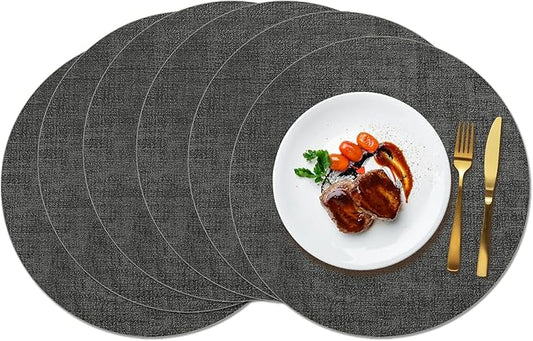 Maxpearl Round Placemats Set of 6, 13.8 inch Faux Leather Heat Resistant Table Mats, Non Slip Waterproof Wipeable Place Mats for Kitchen Dining Holiday Party Table Settings, Black