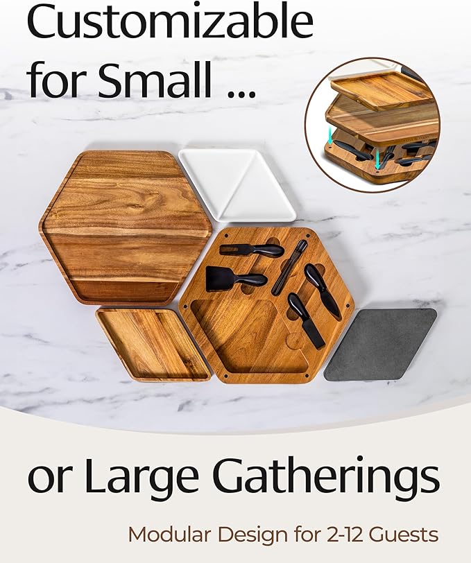 Cheese Board Set - Wood Charcuterie Boards for Serving Cheese, Crackers, Meat, Olives - Serving Board for Gift, Entertaining, & Parties - Wooden Cheese Platter w/Tray, Knives, & Forks