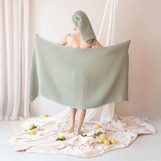 Premium Waffle Bath Towel Pack of 2, Sage Green, Extra Large 35x71 inch - 100% Turkish Cotton, Waffle Weave, Quick-Dry, Lint-Free, Lightweight Bath Sheet Towel (Sage, Set of 2 Bath Towels)