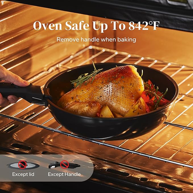 Redchef 16pcs Ceramic Pots and Pans Set Non Stick, Nonstick Kitchen Cookware Set with Detachable Handle, Non Toxic, PFAS PFOA & PTFE Free, RV Cookware Set for Camping, Dishwasher/Oven Safe (Black)