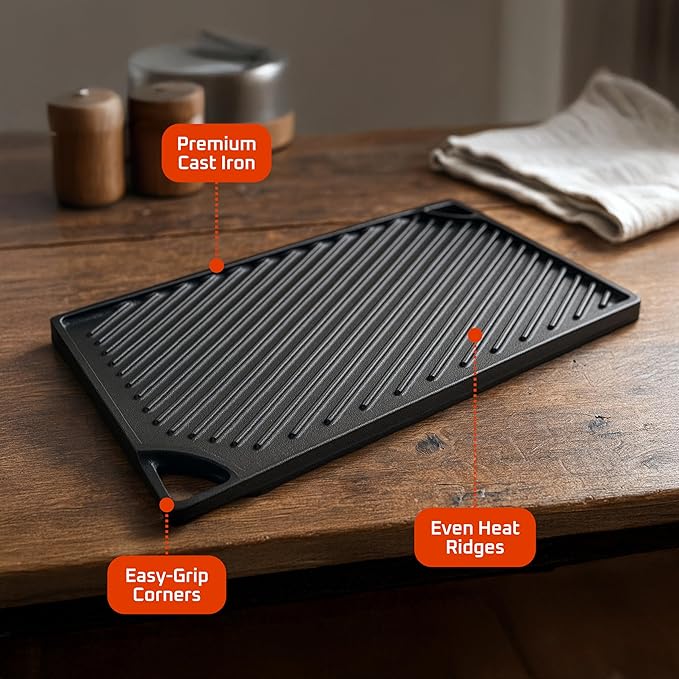 Bruntmor 2-in-1 Reversible Grill Plate - Pre-Seasoned Cast Iron Griddle Pan for Gas Stovetop, Oven, or Open Fire - 17x10-Inch Rectangular Double Sided Flat Pan for Camping, Roasting, and Grilling
