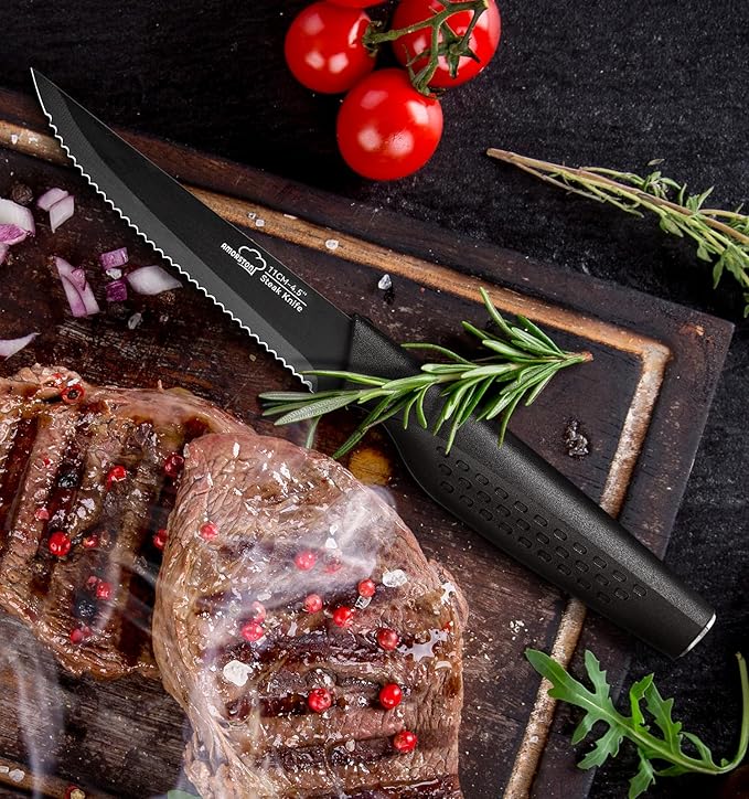 Amorston Steak Knives, Steak Knives Set of 8, Stainless Steel Steak Knife Set, Serrated Knives Dishwasher Safe, Elegant Black