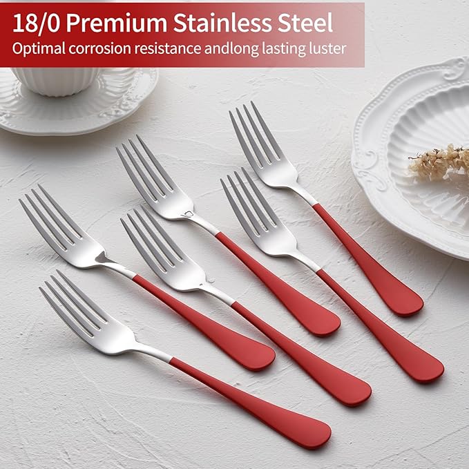 Red Dinner Fork, 18/0 Red handle Stainless Steel Satin Finish 8.1-inch Silverware Flatware Fork Set, Set of 12, Dishwasher Safe