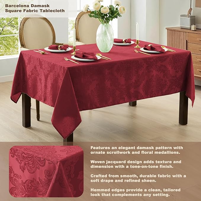 Newbridge Christmas Barcelona Damask Fabric Tablecloth, 52 x 52 Inch Square, Burgundy – No Iron, Soil Resistant Table Cover for Dining, Parties and Holidays