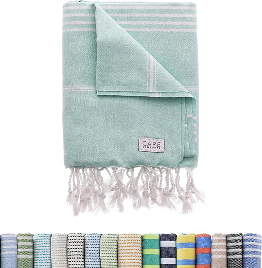 Large Turkish Beach Towel, Classic Mint - Super Soft & Lightweight Quick Dry Absorbent Towels for Beach, Picnic Blanket or Bath Towel - Sand Free Organic Turkish Cotton Yarn