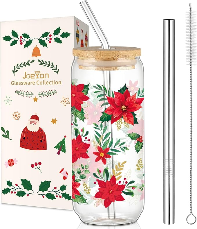 Joeyan Christmas Glass Cups with Lids and Straws,20 oz Iced Coffee Tumbler with Red Poinsettia flower Patterns,Cute Can Shaped Beer Drinking Glasses,Holiday Gifts for Women Mom Friend