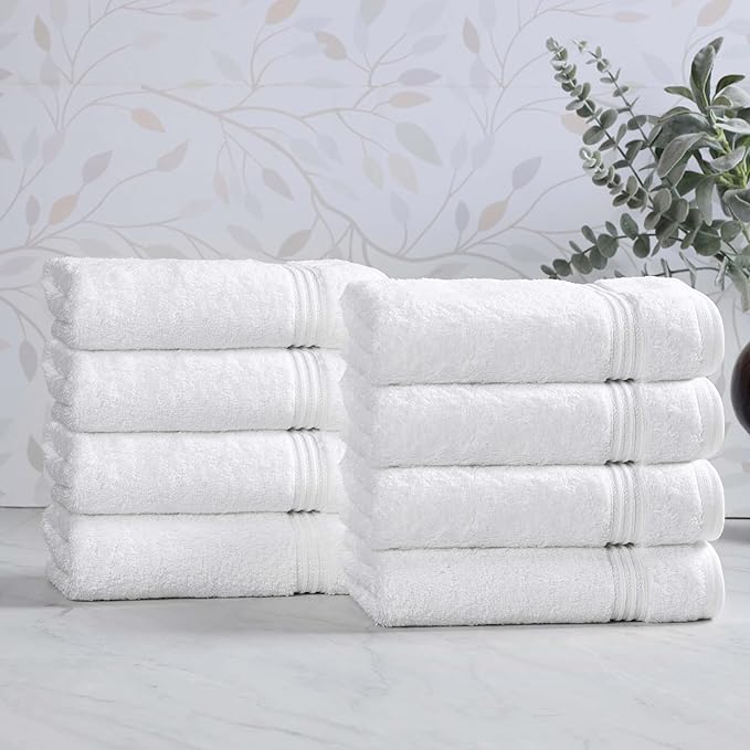 Superior Egyptian Cotton 8-Piece Hand Towel Set, Towel Basics For Quick Dry, Absorbent Small Towels, Facial, Spa, Kitchen, Bathroom Essentials, Apartment, Guest Bath, Soft, Washcloth, White