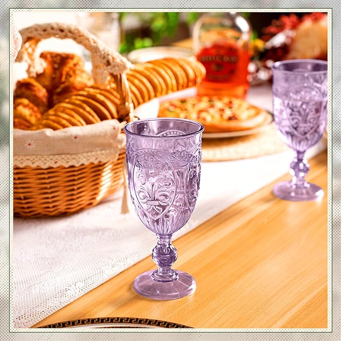 48 Pcs Plastic Goblets 7.5oz Vintage Goblet Plastic Wine Glasses Colored Retro Embossed Water Goblets for Wine Bar Juice Baby Shower Wedding Reception Grand Event Party (Purple)