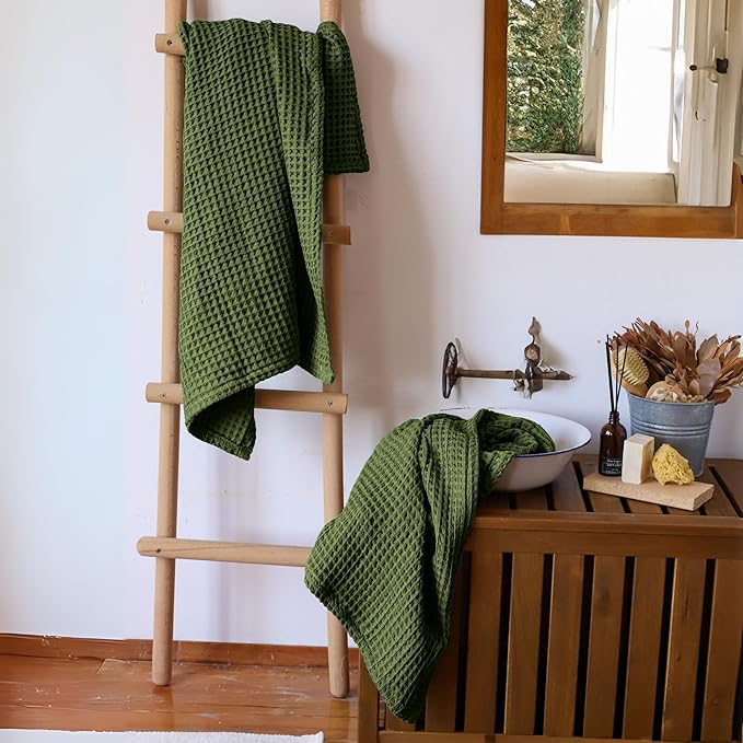 2-Piece Waffle Towels Set for Bathroom Dark Green - Soft 100% Turkish Cotton Quick-Dry Lint-Free Waffle Weave Thin Bath and Hand Towels (Dark Green, Set of 2 Mix Towels)