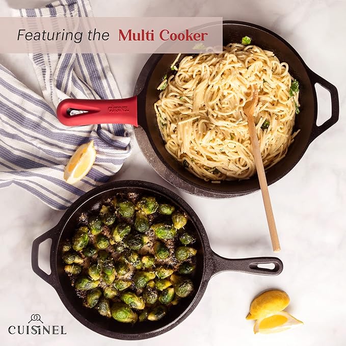 Cuisinel Cast Iron 23-Pc Cookware Set - 8" Skillet + Cast Iron Lid + 12"+Lid + 10" Braiser with Lid + Grill Pan + Lid + Griddle + 5-Qt Dutch Oven + Multi-Cooker + 12"+15" Pan Rack + Scraper + Handles