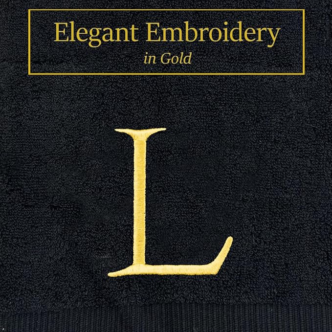 Black and Gold Bathroom Hand Towel - Monogrammed Luxury Hotel Quality Decorative Embroidered Towel for Powder Room, Spa - GOTS Organic Certified - Pack of 2, Letter L