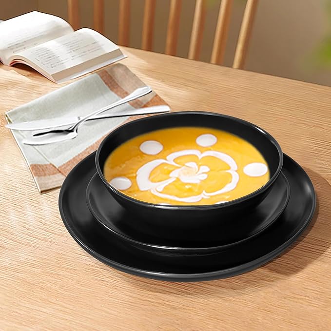 Herogo 12Pcs Plates and Bowls Set for 4, Irregular Handmade Stoneware Dinnerware, Crack and Scratch Resistant, Microwave & Dishwasher Safe, Reactive Glaze, Artistic Rustic Tableware, Matte Black