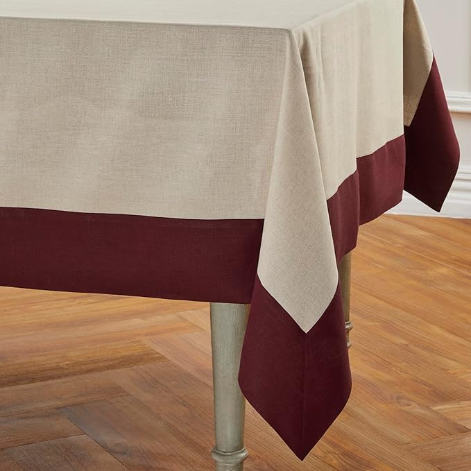 Solino Home Linen Tablecloth 60 x 90 Inch - 100% Pure Linen Burgundy and Natural Rectangular Tablecloth - Machine Washable Table Cloth for Valentines, Winter, New Year - Contempo