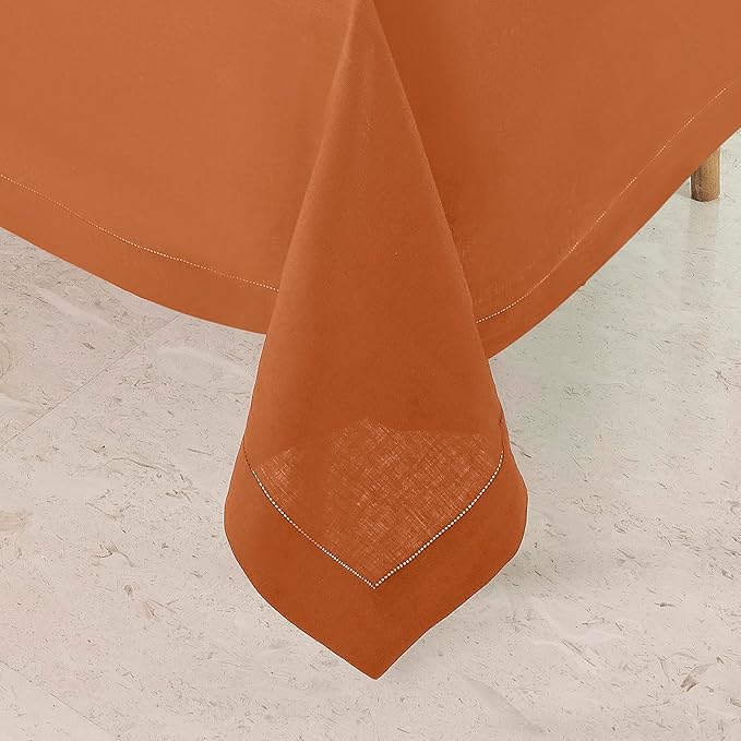 D'Moksha Homes Rust Linen Tablecloth for Rectangle Tables 60 x 102 Inch - Classic Hemstitch 100% Pure Linen Rust Table Cloth - Machine Washable Dining Tablecloth for Christmas, Holiday, New Year