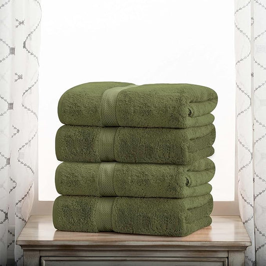 Superior Egyptian Cotton Pile Bath Towel Set of 4, Ultra Soft Luxury Towels, Thick Plush Essentials, Absorbent Heavyweight, Guest Bath, Hotel, Spa, Home Bathroom, Shower Basics, Forest Green