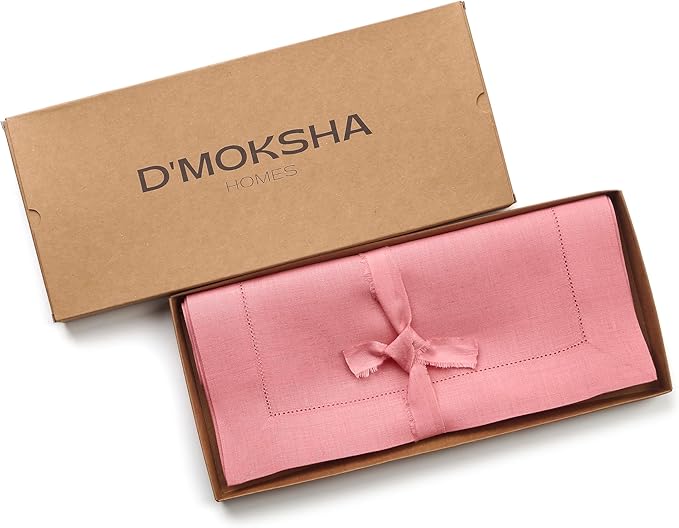 D'Moksha Homes Linen Dusty Pink Table Runner 48 Inches - Classic Hemstitch, 100% Pure Linen Coffee Table Runner 14 x 48 Inch Ideal for Dresser Tables - Winter, Holiday, New Year