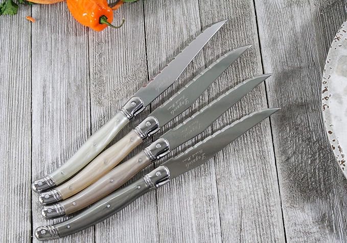 French Home Laguiole 4-Piece Steak Knife Set – Sophisticated Stainless Steel Dinner Knives with Handles of Neutral Tones & Iconic Bee Emblem – Serrated Knives for Smooth Cutting (9.25")