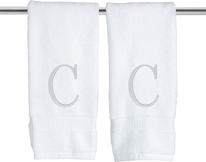 Monogrammed Hand Towels for Bathroom - Luxury Hotel Quality Personalized Initial Decorative Embroidered Bath Towel for Powder Room, Spa - GOTS Organic Certified - Set of 2 Letter C