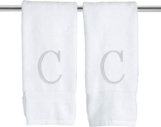 Monogrammed Hand Towels for Bathroom - Luxury Hotel Quality Personalized Initial Decorative Embroidered Bath Towel for Powder Room, Spa - GOTS Organic Certified - Set of 2 Letter C