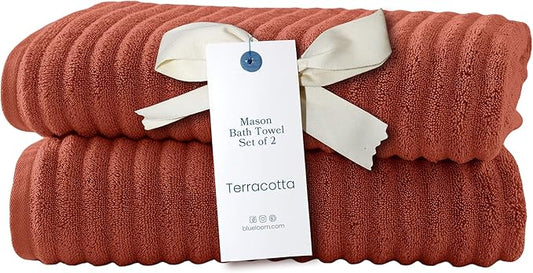 Blue Loom Ribbed Bath Towels Set, 100% Cotton 600 GSM, Soft Absorbent Durable Quick Drying 2 Bath Towels for Bathroom - Mason Set of 2 Terracotta Red (58" x 30" Inch)