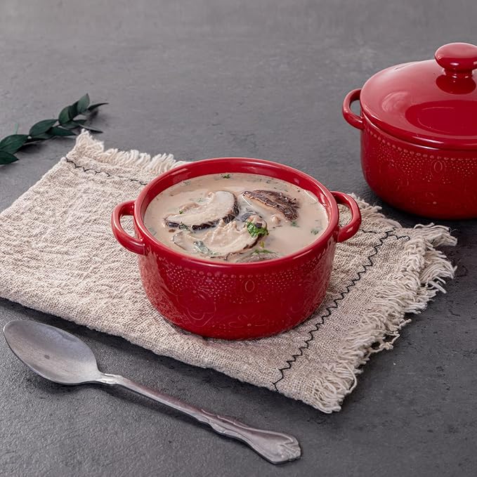 Mini Cocotte Set, 10 OZ Small Casserole Dishes with Lids, Ceramic Kitchen Casserole Sets With Handles, French Onion Soup Bowls, Soup Crocks for French Onion, Desserts, Beef Stew, Cereal, Pot Pies, Set of 4 (Red)