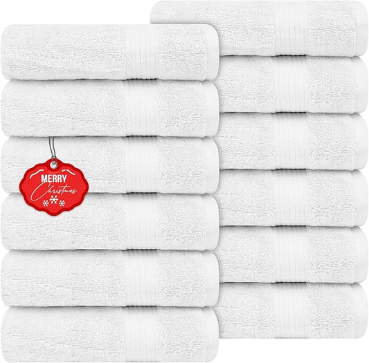 Ample Decor Hand Towel 18 X 28 Inch Pack of 12 600 GSM 100% Cotton Soft Absorbent Thick Durable Premium Quality, for Hotel, Bathroom, Spa, Daily Use, Gym - Christmas White