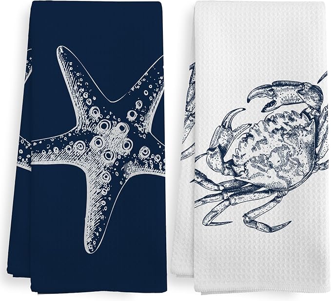 Coastal Blue Crab Starfish Bathroom Hand Towels Sets of 2, Nautical Beachy Ocean Theme Bathroom Decor Accessories, Coastal Beach Navy Blue Decor Kitchen Dish Tea Towels for Kitchen, 16x24Inch
