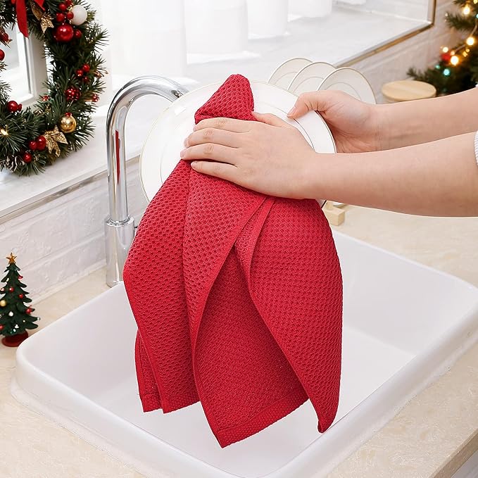 Homaxy 100% Cotton Waffle Weave Kitchen Dish Towels, Ultra Soft Absorbent Quick Drying Cleaning Towel, 13 x 28 Inches, 4-Pack, Red